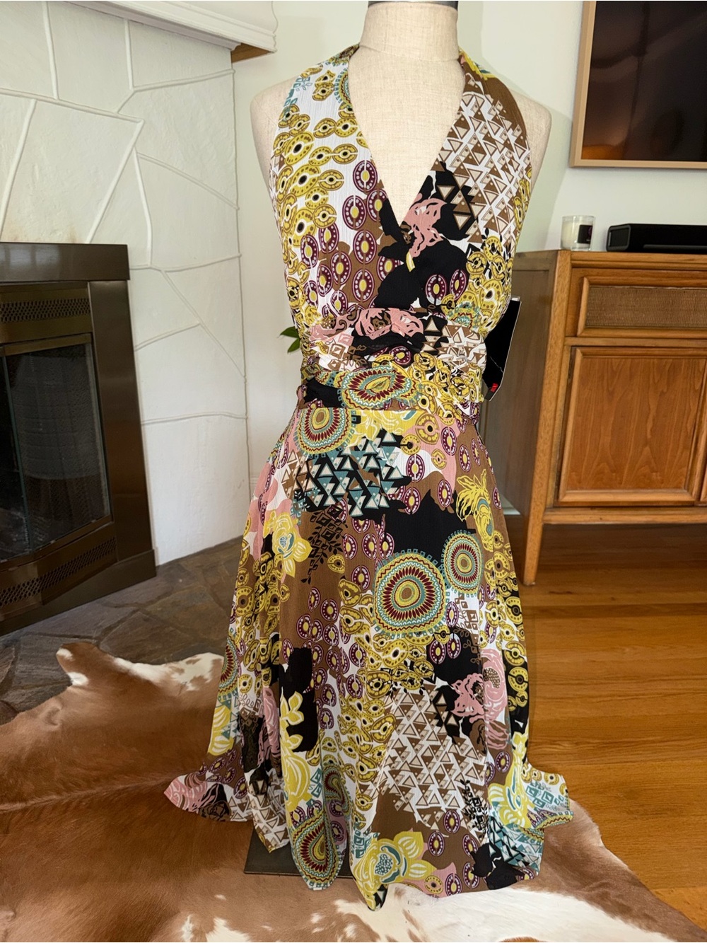 y2k Mixed Print Halter Summer Dress in Yellow, Pink & Black